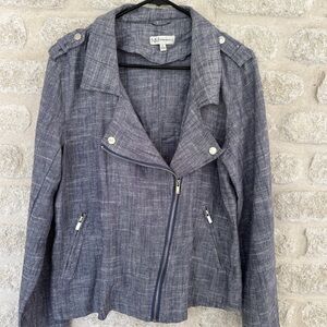 Neiman Marcus Blue Linen Moto Blazer Asymmetrical Design L Light Jacket